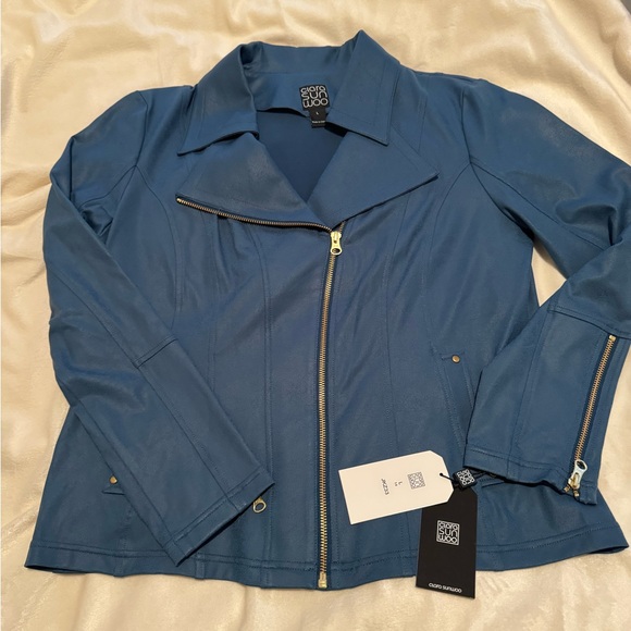 NWT Clara Sunwoo liquid leather single zip jacket size S blue-green color - Picture 5 of 8